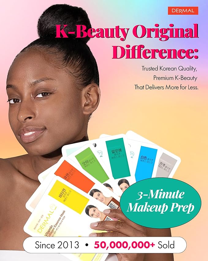 DERMAL 26 Combo Pack Collagen Essence Korean Face Mask (Red & Green) - Hydrating & Soothing Facial Mask with Panthenol - Hypoallergenic Sheet Mask for All Skin Types - Natural Home Spa Treatment Mask