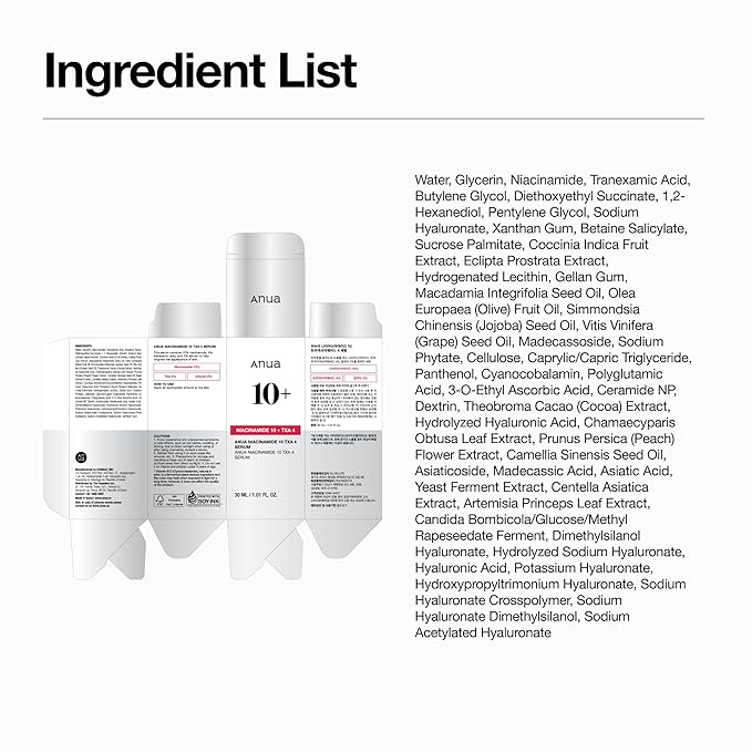 Anua Niacinamide 10 + TXA 4 Serum, Dark Spot Care, Hyaluronic Acid, Tranexamic Acid, Lightweight & Hydrating All-in-One Daily Facial Serum for Glass Skin, Korean Skincare, 1.01 fl.oz