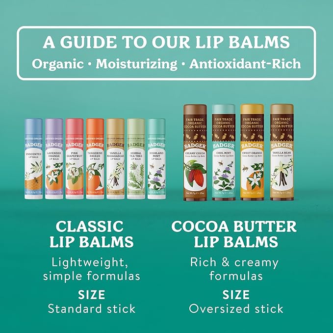 Badger Cool Mint Cocoa Butter Lip Balm, Long Lasting Hydrating Lip Care, 100% Organic Lip Balm, Large Size Stick, 4-pack