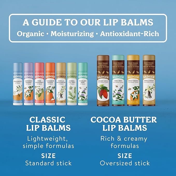 Badger Classic Organic Lip Balm Set - Yellow Box, Light Silky Long Lasting Lip Moisturizer Gift Set, All Natural Lip Balm Variety Pack Lip Set (Tangerine, Lavender Orange, Vanilla, Grapefruit), 4 pack