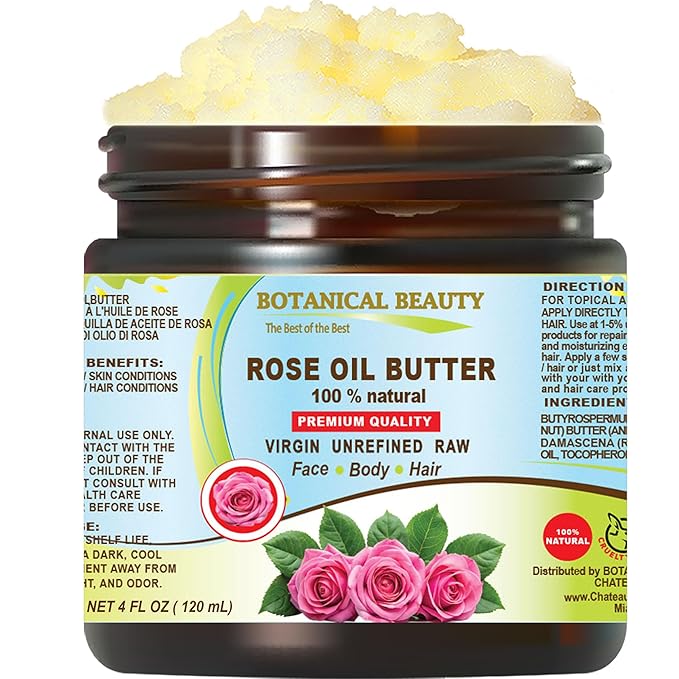 Botanical Beauty ROSE OIL BUTTER 100% Natural Rose Essential Oil in Shea Nut Butter for FACE SKIN BODY HAIR NAILS Beauty Skin Moisturizer Oil Butter Skin Nourishing (4 Fl Oz 120 ml)