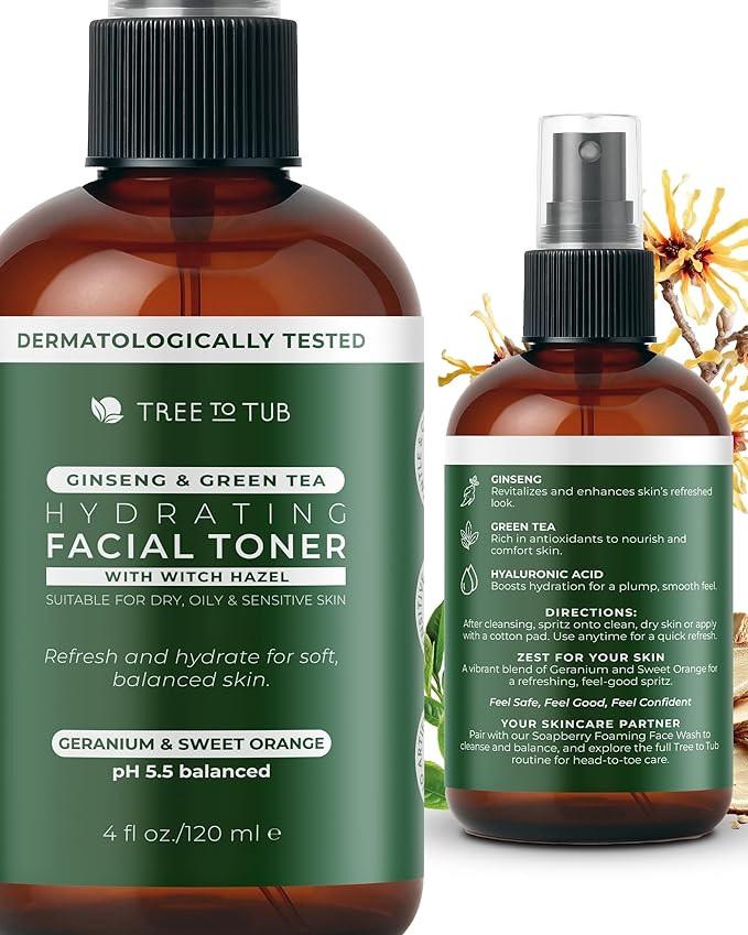 Tree To Tub Hydrating Facial Toner Spray for Dry & Sensitive Skin - Alcohol Free Witch Hazel & Rose Water Face Toner for Women & Men w/Hyaluronic Acid, Vitamin C, Organic Green Tea, Natural Ginseng