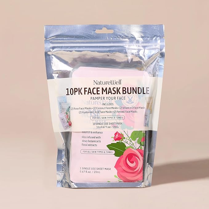 NATURE WELL Single Use Face Mask Sheet Skincare Treatment Multipack For All Skin Types, Includes Hyaluronic Acid, Rose, Retinol, Coconut, & Vitamin C (Pack of 10)