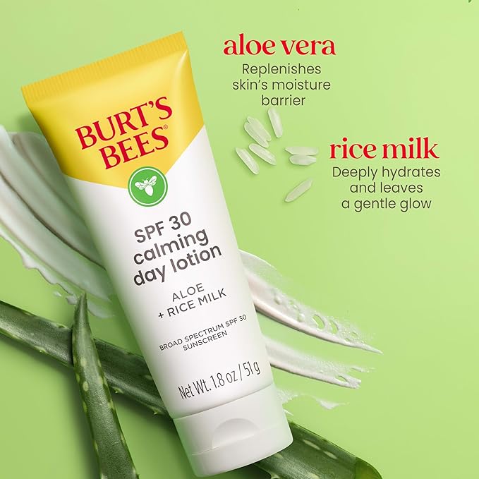 Burt's Bees SPF 30 Calming Day Face Lotion With Aloe and Rice Milk for Sensitive Skin, Sunscreen Face Lotion Soothes Redness and Irritation, 99.4 Percent Natural Origin Skin Care, 1.8 oz. Tube