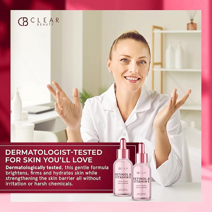 Clear Beauty Retinol Serum For Face with Vitamin E – Dermatologist Tested Anti Aging Korean Skin Care –, Deep Hydration, Smooths Fine Lines, Refines Texture – Vegan, Clean Beauty – 1.69 Fl Oz