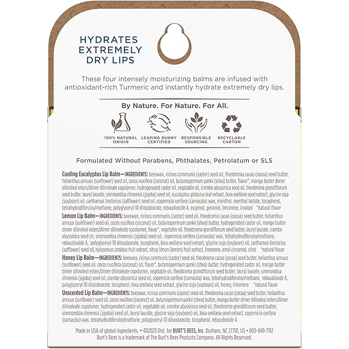 Burt's Bees 100% Natural Rescue Lip Balm, Cooling Eucalyptus, Lemon, Honey, Unscented, 4 Tubes