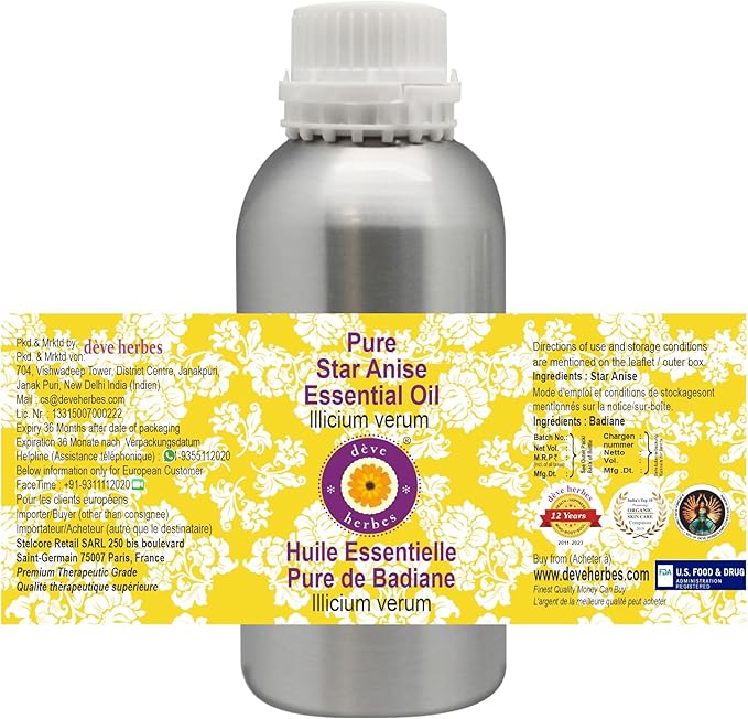 Deve Herbes Pure Star Anise Essential Oil (lllicium verum) Steam Distilled 300ml (10 oz)