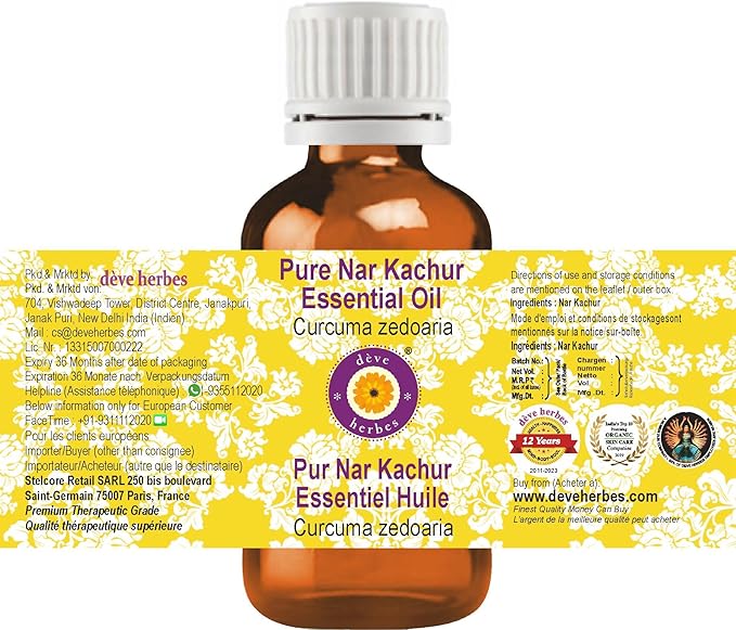 dève herbes NAR Kachur Essential Oil (Curcuma zedoaria) Pure | Non-Sticky | Non-Greasy | Lightweight | Men & Women | All Skin Types | Steam Distilled 10ml (0.33 oz)