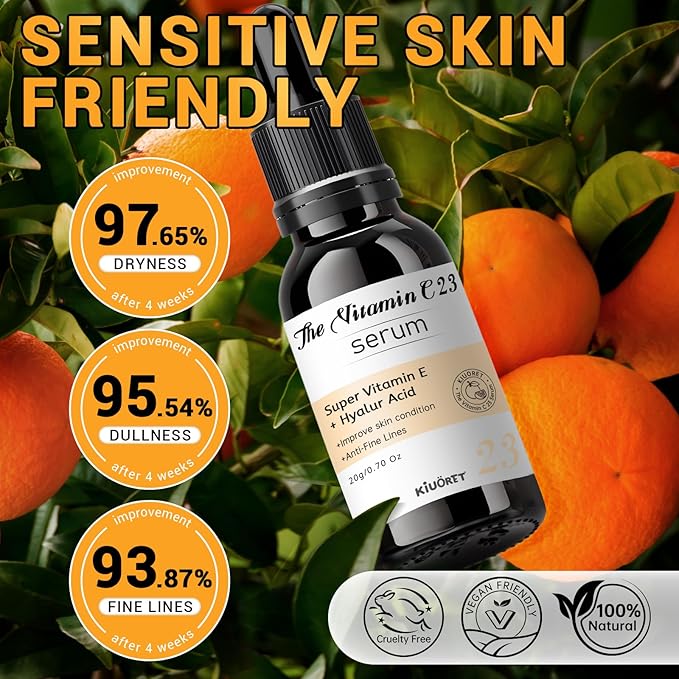 23% Vitamin C Serum - Vitamin E & Hyaluronic Acid Blend - Hydrating & Skin-Improving Formula, Reduces Wrinkles/Fine Lines, Evens Skin Tone - Gentle for All Skin Types, Promotes Smooth, Radiant Skin