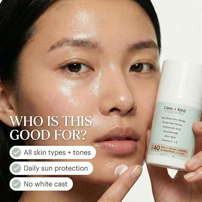 Daily Face Sunscreen SPF 40 Moisturizer with Tallow, Zinc Oxide, Hyaluronic Acid & Vitamin E – Mineral, Reef Safe Sunscreen for Hydration & UV Protection, (Tinted. 1.7 oz)