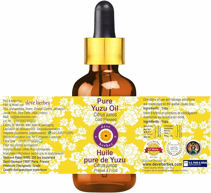 Deve Herbes Pure Yuzu Oil (Citrus Junos) with Glass Dropper Cold Pressed 10ml (0.33 oz)