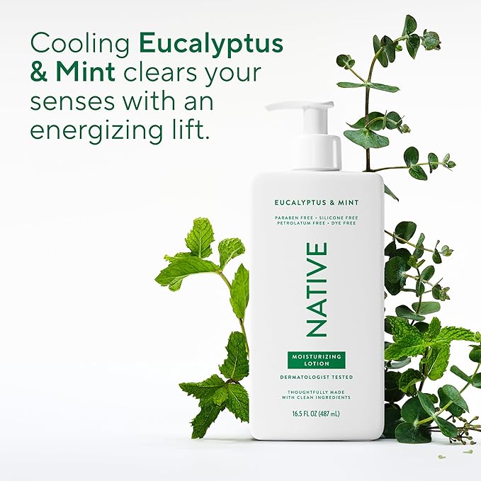 Native Body Lotion, Eucalyptus & Mint, 48-Hour Hydration for Dry & Sensitive Skin, Made with Plant-Based Moisturizers like Shea Butter, Silicone & Paraben Free, 16.5 fl oz