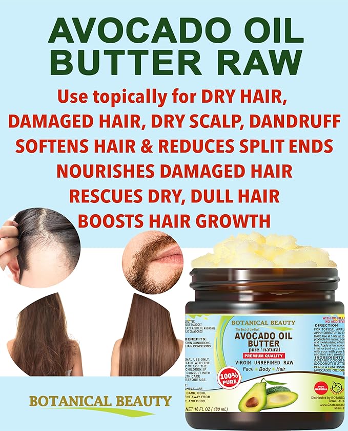 Botanical Beauty AVOCADO OIL BUTTER 100% Pure Natural VIRGIN UNREFINED Cold-Pressed for Face, Skin, Body, Hair, Lip, Nails. Rich in Vitamin E, Omega 3, Omega 6 (4 Fl Oz)