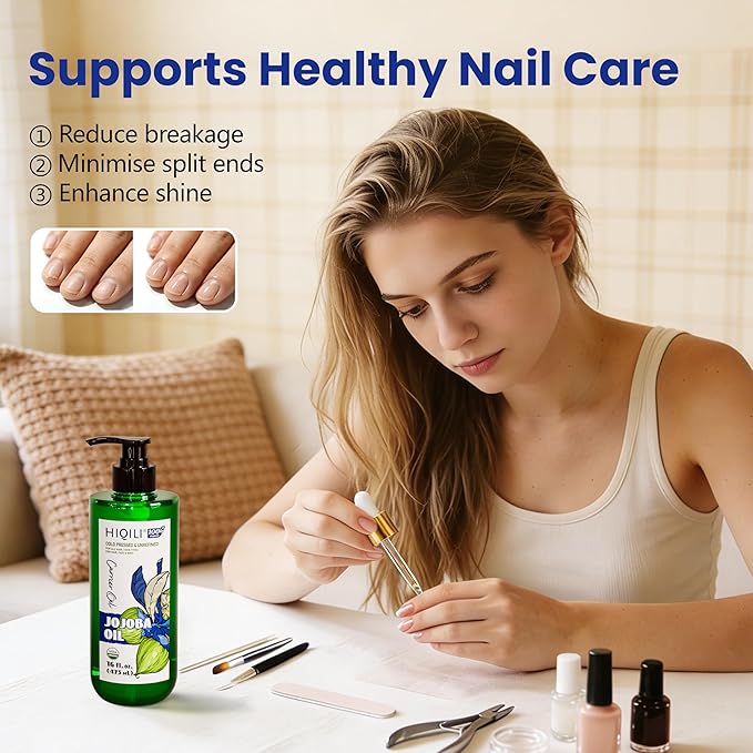HIQILI 473ML Jojoba Oil Organic for Hair Growth, Skin, Face, Nails, 100% Pure Cold Pressed, Carrier Oil for Essential Oils Mixing, Included Roller Bottle - 16 Fl Oz