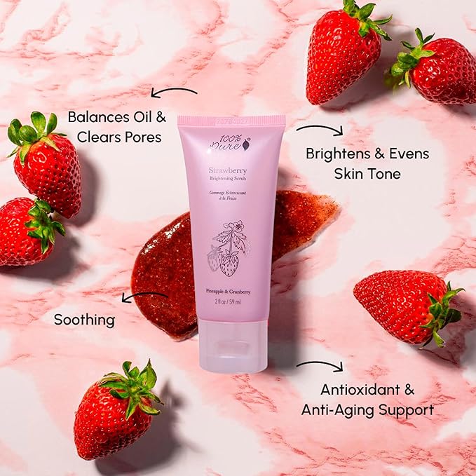 100% PURE Strawberry Brightening Facial Scrub Antioxidant-Rich for Radiant, Smooth Skin - Papaya & Pineapple Enzymes Natural Glow Exfoliator - Gentle Exfoliating Face Wash for Women & Men - 2 Fl oz