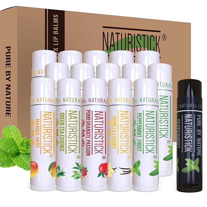 Naturistick Natural Beeswax Lip Balm 16-Pack | Assorted Flavors | Standard 0.15 oz Tubes