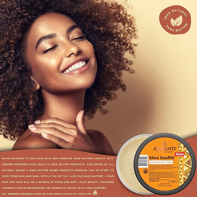 Ashanti Naturals Whipped Shea Butter | Unrefined Shea Butter from Ghana, Coconut and Almond Oil (Fragrance Free Souffle, 8 oz)