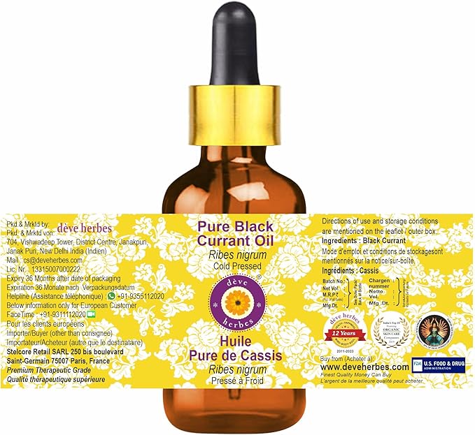 Deve Herbes Black Currant Oil (Ribes nigrum) with Glass Dropper | Cold Pressed | Pure | Natural | For Diluting Essential oils | For Skin & Massage | Non-Sticky | Lightweight | Unisex | 5ml (0.16 oz)