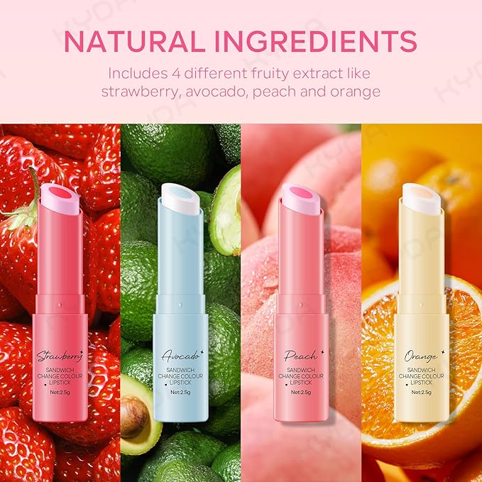 KYDA 4 Colors Color Changing Tinted Lip Balm, with Fruit Interlayer, Hydrating Tinted Lipstick, Daily Lip Moisturizer with Deep Nourishing, Buildable Natural Gloss Finish, Vegan Lipstick