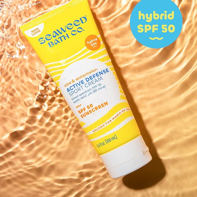 Seaweed Bath Co. Active Sport Defense Cream SPF 50 - Broad Spectrum Hybrid Sunscreen with Zinc Oxide, Aloe & Watermelon - Water Resistant Face and Body Daily Sunblock, 3.4 Ounce