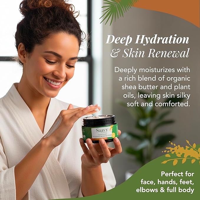 Saavy Naturals Whipped Body Butter - Made with Organic Shea Butter, Essential Body Care & Dry Skin Moisturizer for Women, Velvety Rich Cream Texture, Naturally Scented - Tropical Coconut, 4 oz