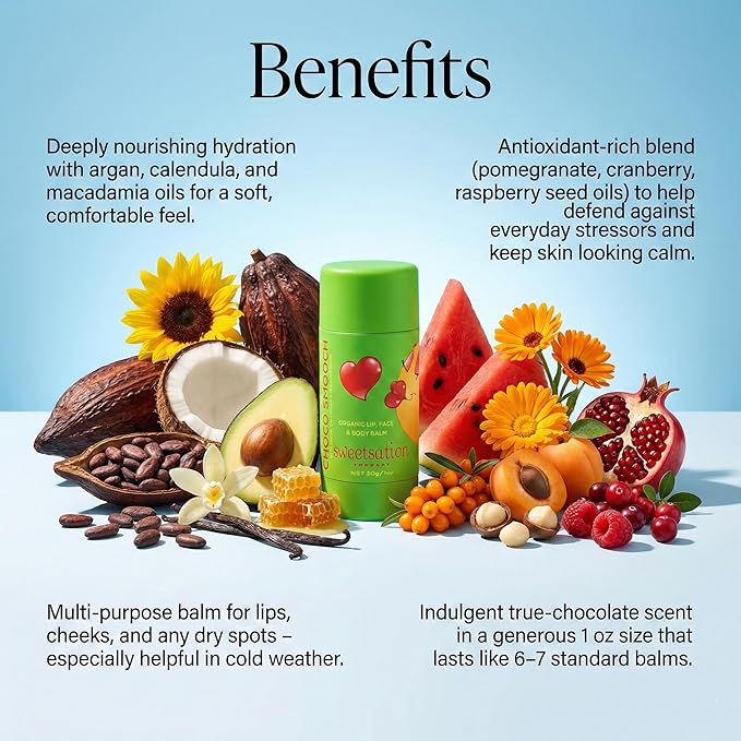 ChocoSmooch Organic Lip, Face & Body Balm, for Dry Cracked Irritated Skin with Argan, Calendula, Avocado & Sea Buckthorn, 1oz Jumbo.