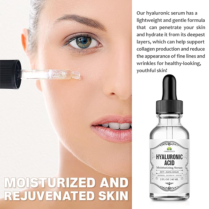 Herbalicious Hyaluronic Acid Serum – Hyaluronic Acid Serum for Face – Paraben-Free Pure Hyaluronic Acid – Moisture Boost Hydrating Serum – Anti-Aging Serum for Fine Lines, Wrinkles – 2oz