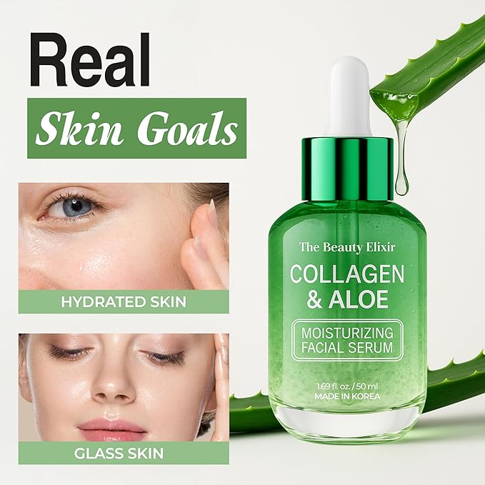 The Beauty Elixir Aloe & Collagen Serum For Face - Dermatologist Tested, Anti-Aging, Ultra Hydrating Aloe Vera Gel For Face - Natural Ingredients, Clean Beauty, Cruelty-Free Korean Skin Care - 1.69 oz