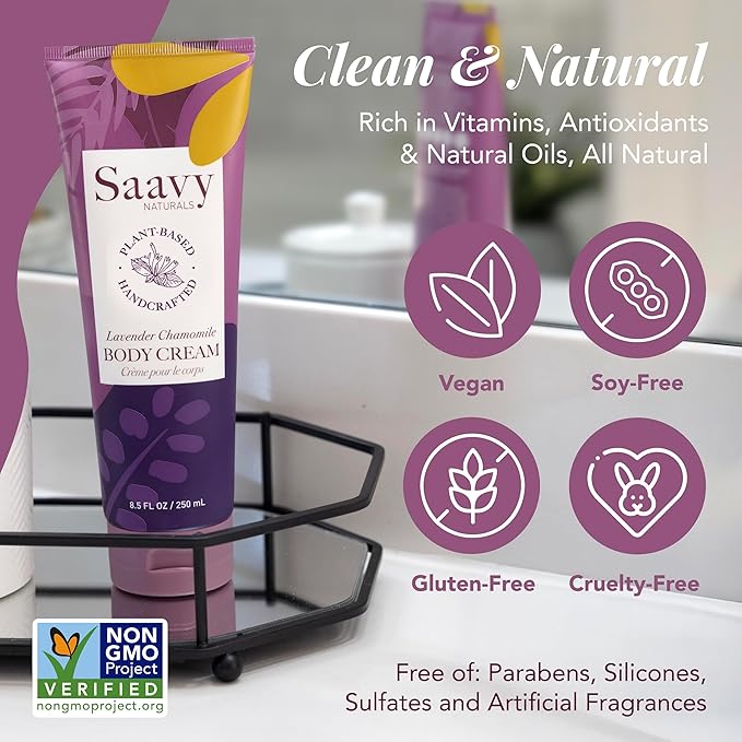 Saavy Naturals Deeply Hydrating Body Cream for Dry Skin – Nourishing Shea Butter, Plant-Based & Sustainably Sourced – Lavender Chamomile – 8.5 fl oz, 1 pack