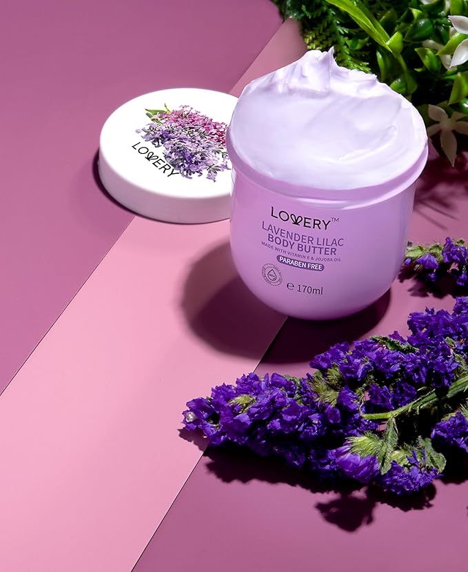 LOVERY Lavender Lilac Body Butter - Shea Cream with Jojoba Oil & Vitamin E - Hydrating Natural Moisturizer for Hands - 12 Fl Oz