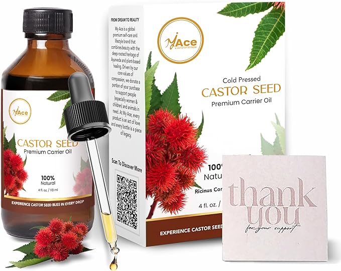 My Ace Castor Seed Carrier Oil | 100% Pure Cold Pressed Unrefined Oil for Hair, Lashes & Brows Growth, Skin Care, Body Massage & Aromatherapy – 4 fl oz