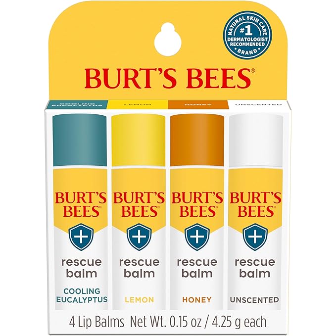 Burt's Bees 100% Natural Rescue Lip Balm, Cooling Eucalyptus, Lemon, Honey, Unscented, 4 Tubes