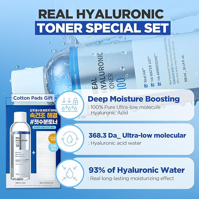 WELLAGE Real Hyaluronic Toner 100 for face, Korean Beauty Toner, 93% Hyaluronic Acid Water, Hydrating for Dry Skin - Deep, Quick Absorption, Hypoallergenic, 10.1 fl.oz + Cotton Pads 60ea