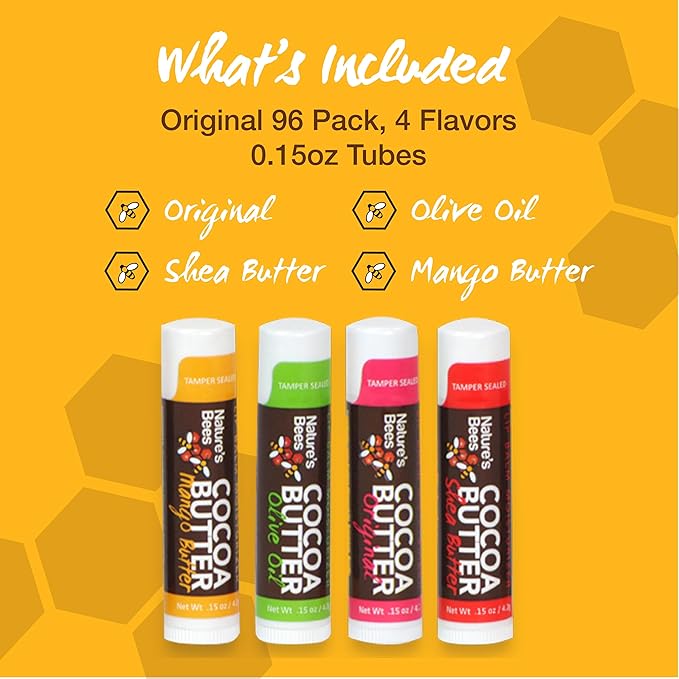 Nature's Bees Cocoa Butter Lip Balm, Original, Shea Butter, Olive Oil and Mango, Bulk Lip Care Pack for Dry Lips, Made with Coconut Oil, Beeswax, Vitamin E, Aloe, 0.15 oz 4 Flavors, 96 Pack