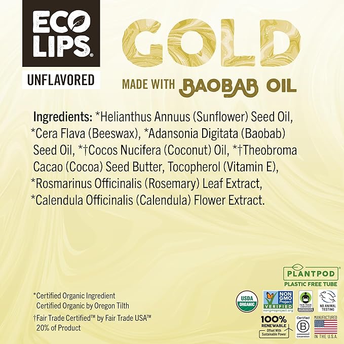 Eco Lips GOLD Organic Lip Balm with Baobab Oil – 6-Pack | USDA Organic, Moisturizing Lip Care for Dry, Chapped Lips | 100% Plastic-Free Packaging | Made in USA