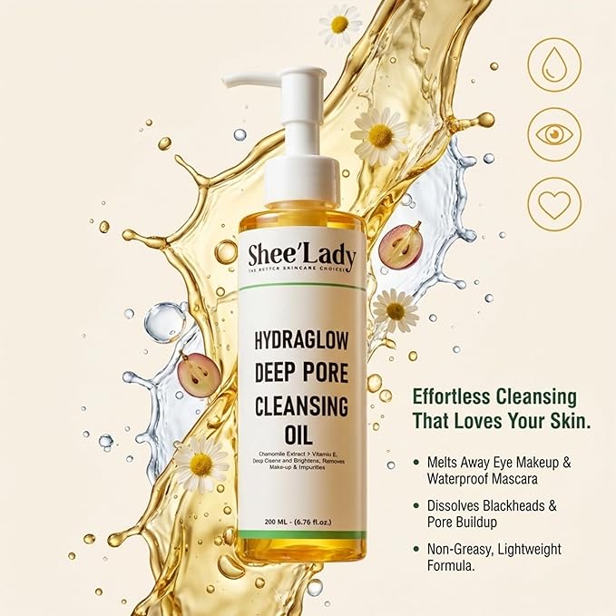 Shee'lady Hydraglow Deep Pore Cleansing Oil, limpiador facial en aceite – Best Cleansing Oil for Face, Blackhead & Makeup Remover Korean Skin Care, 6.76 fl oz (200ml)