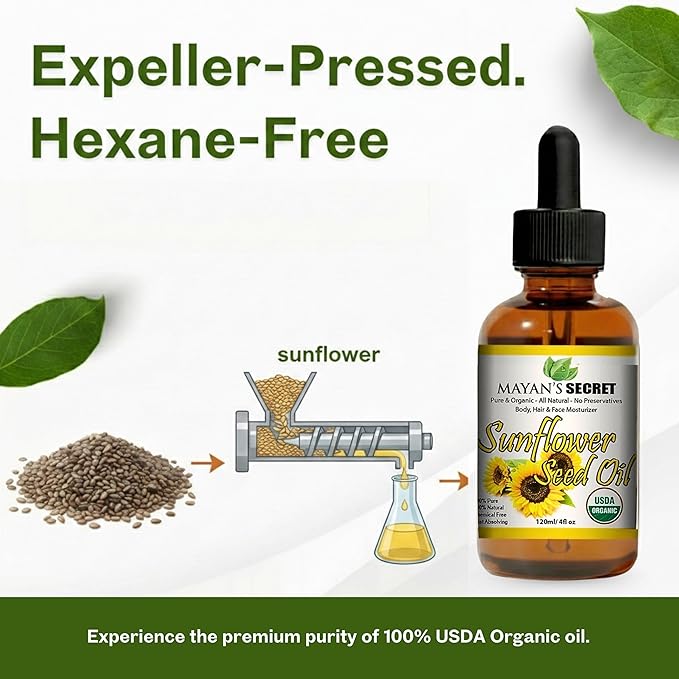 Mayan’s Secret Organic Sunflower Oil – Cold Pressed, Unrefined, High Oleic, Lightweight Moisturizing Sun Flower Oil for Face, Skin & Hair, USDA Certified Organic, 4oz Amber Glass Bottle with Dropper