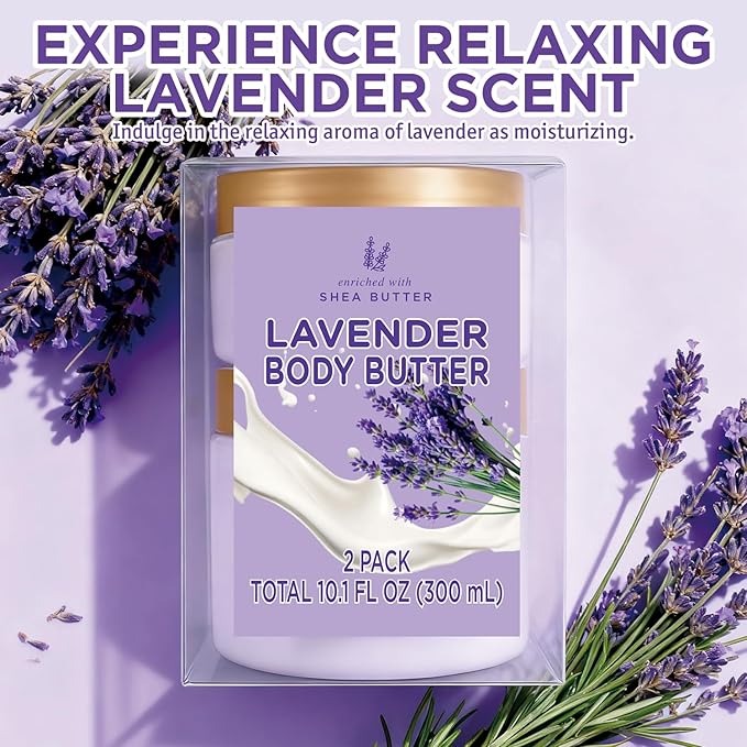 Lavender Body Butter, Shea Body Butter for Women Dry Skin, Natural Lavender Lotion for Body Care Smell Good-3.4floz+6.8 floz(100ml+200ml)