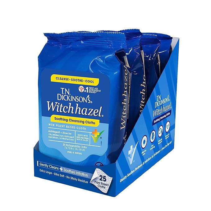 T.N. Dickinson's Witch Hazel Soothing MultiUse Cleansing Cloth, 4 Pack, 25 Cloths Per Pack,white & T.N. Dickinson's Witch Hazel Alcohol-Free Moisturizing Astringent, 100% Natural, 16 oz