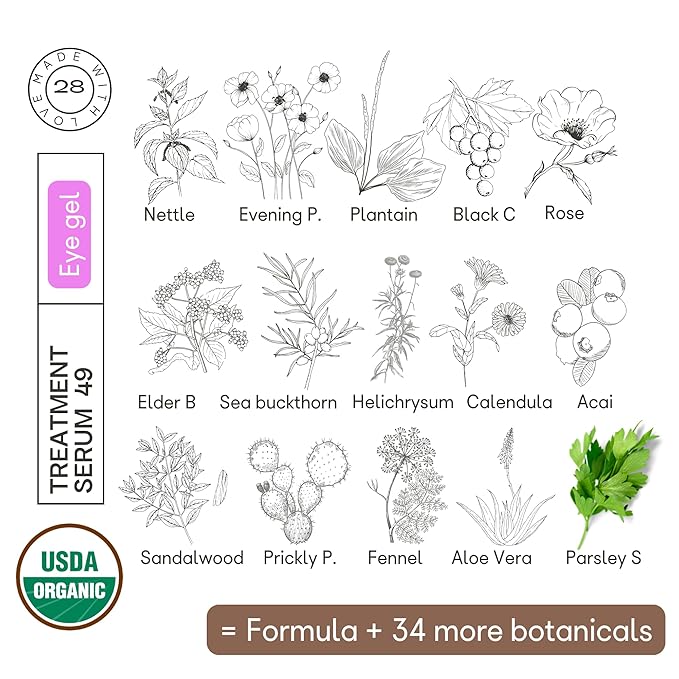 Organic28+.100% Organic Eye Serum – USA Made. 49 Botanicals. Nourish, Rejuvenate & Repair. All Natural Anti Aging Eye Lift Super Hydrating Eye Cream. Herbs Moisturizer. Rose Aromatherapy +. 1.1 FL.Oz.
