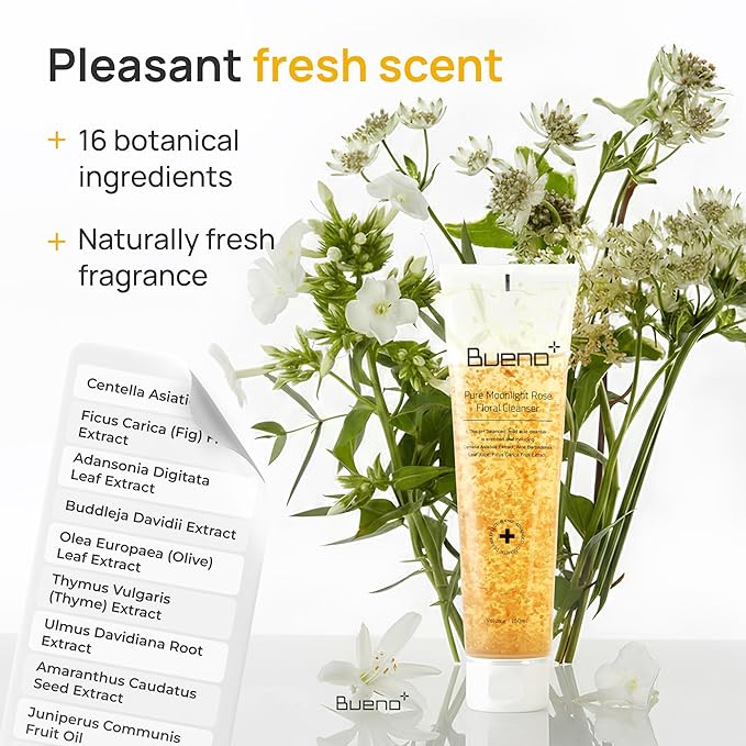 Bueno+ Pure Moonlight Rose Floral Cleanser | Gentle Daily Face Wash with Rose Petals | Mild Exfoliating & Hydrating Vegan Gel | For All Skin Types | 1.01 fl. oz
