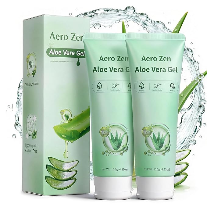 Aero Zen 98% Organic Aloe Vera Gel-2 Pck, Natural Moisturizing Pure Aloe for Face and Arms, Soothing & Hydrating Aloe Gel for Sunburn Relief and Deep Skin Nourishment,