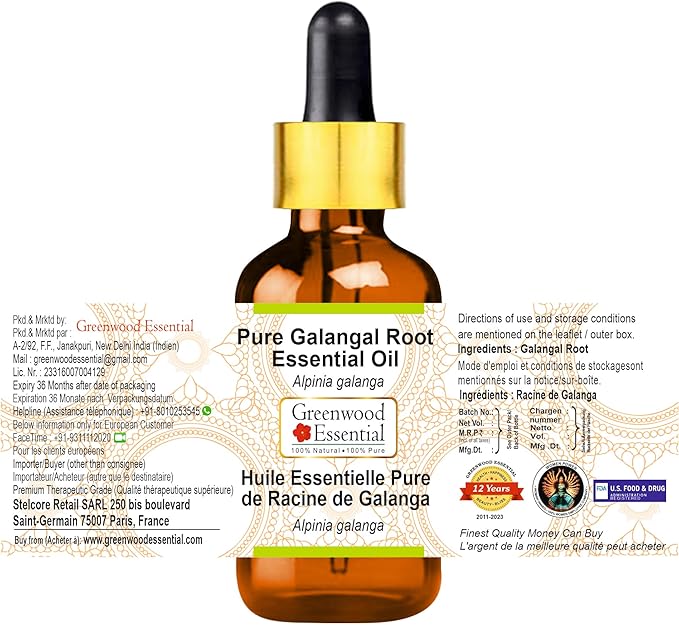 Greenwood Essential Galangal Root Essential Oil (Alpinia Galanga) with Glass Dropper | Pure | Non-Sticky | Non-Greasy | Lightweight | Men & Women | All Skin Types | Steam Distilled 30ml (1 oz)