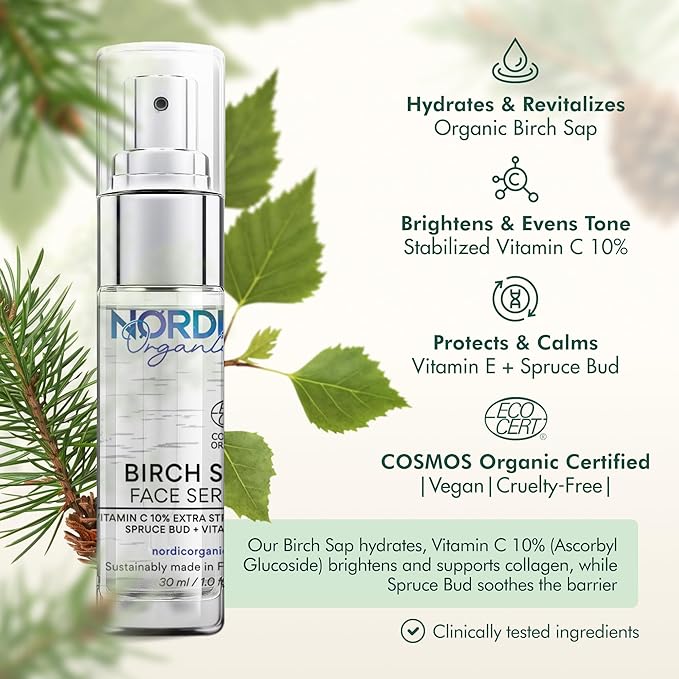 Vitamin C Serum 10% – COSMOS Certified Organic Formula with Birch Sap, Spruce Bud Extract & Vitamin E, Fragrance Free, Made in Finland 1.0 oz (30 ml)