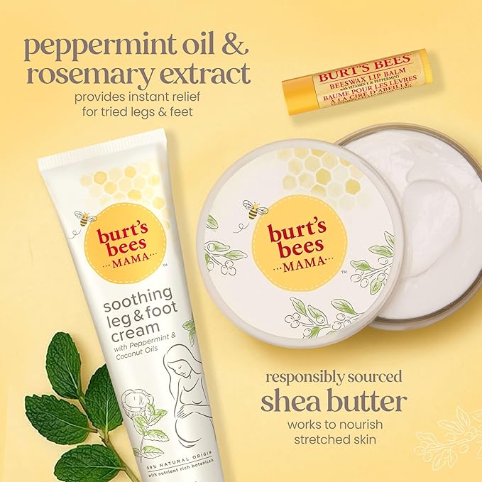 Burt’s Bees Mama Gift Set, Includes Lip Balm, Leg and Foot Cream, and Belly Butter, Natural Origin Skin Care, 0.15 oz./3.38 oz./6.5 oz.