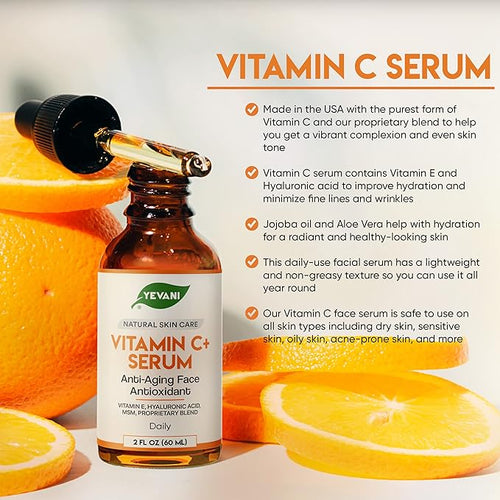 100% Pure Vitamin C Serum for Face with Hyaluronic Acid, Eye Area, Dark Spots, Anti Aging, Hydrating Skin Care with Vitamin E, Aloe Vera, Jojoba Oil, Dry Skin, Fine Lines, Wrinkles, 2 FL OZ