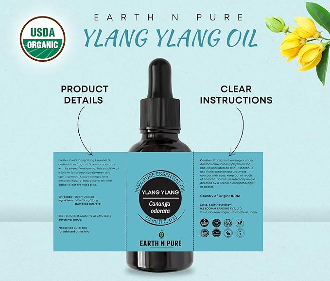 Earth N Pure Ylang Ylang Essential Oil Natural and Therapeutic Grade for Aromatherapy, Hair Care and Skin Care with Glass Dropper 30 ml