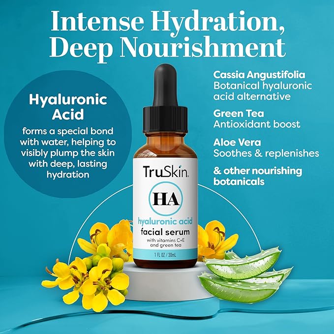 TruSkin Hyaluronic Acid Serum for Face – 7 Ultra-Hydrating Ingredients – Moisturizing & Plumping Facial Serum for Smooth, Healthy-Looking Skin, 1 Fl Oz