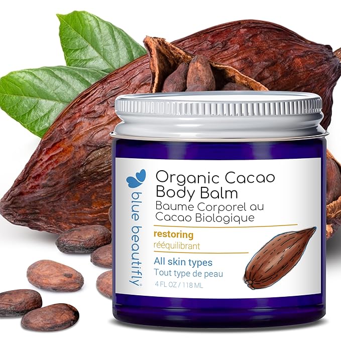 Blue Beautifly USDA Certified Organic Cacao Body Butter Balm - Soothes. Softens. Moisturizes. - Restores Dry, Chaffed, Cracked Skin - With Shea Butter, Cocoa Butter, and Vitamin E Oil - 4 fl oz