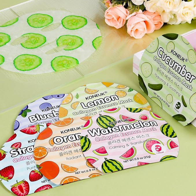 KONEUK 60 Pack Colorful Fruit Face Masks Skincare Set, Bulk Sheet Facial Mask for All Skin Types, Collagen Hydrating Face Mask for Women, Spa Party Gifts and Mothers Day Gifts (6 Types x 10 Pcs)